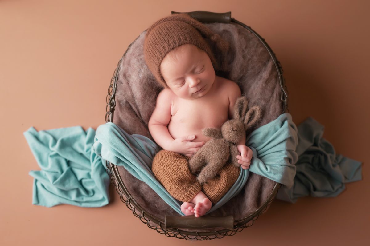 Newborn sleeping with a stuffed animal in a basket