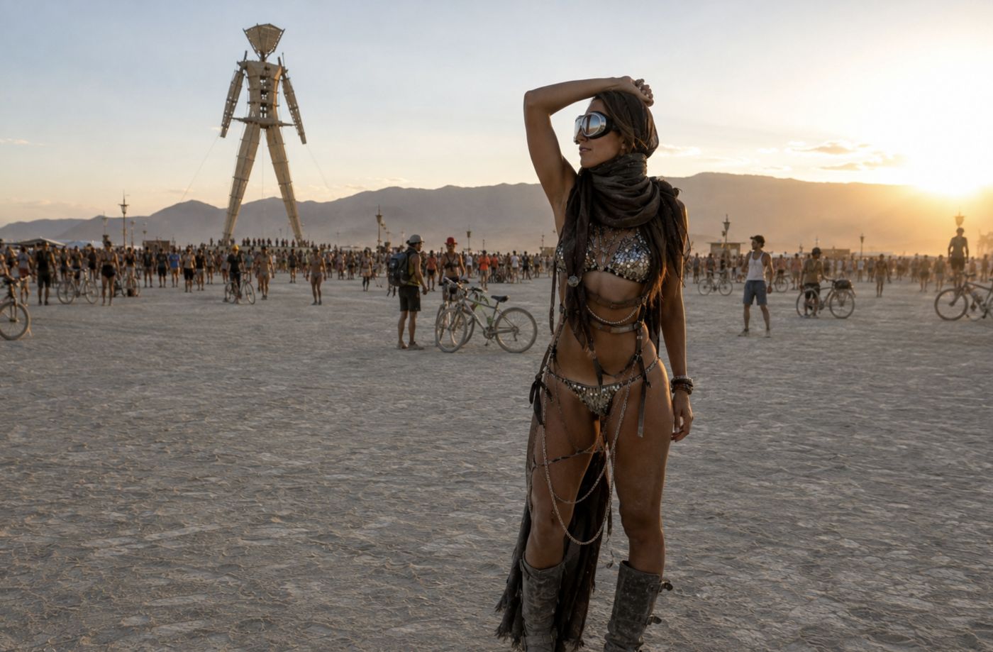 Playa-styled outfit illustration with the Man effigy at golden hour