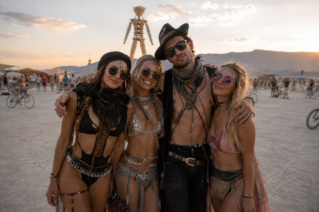 Group of four in playa styling with the Man effigy behind