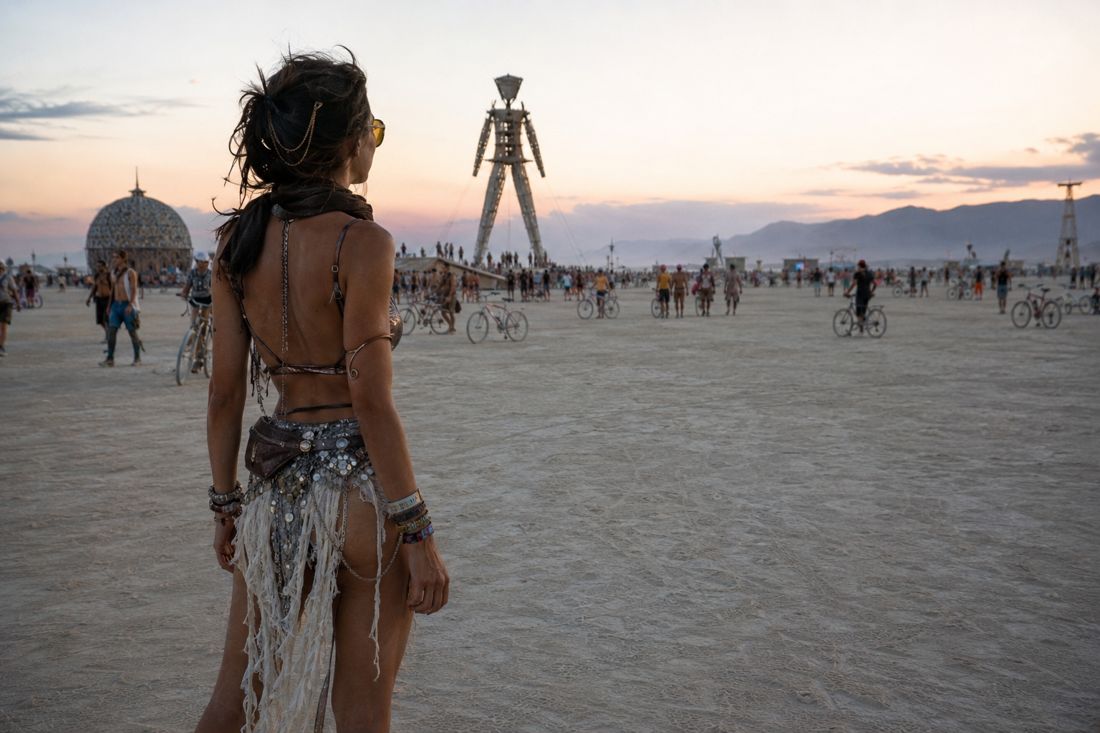 Walking toward the Man effigy at dusk on the playa