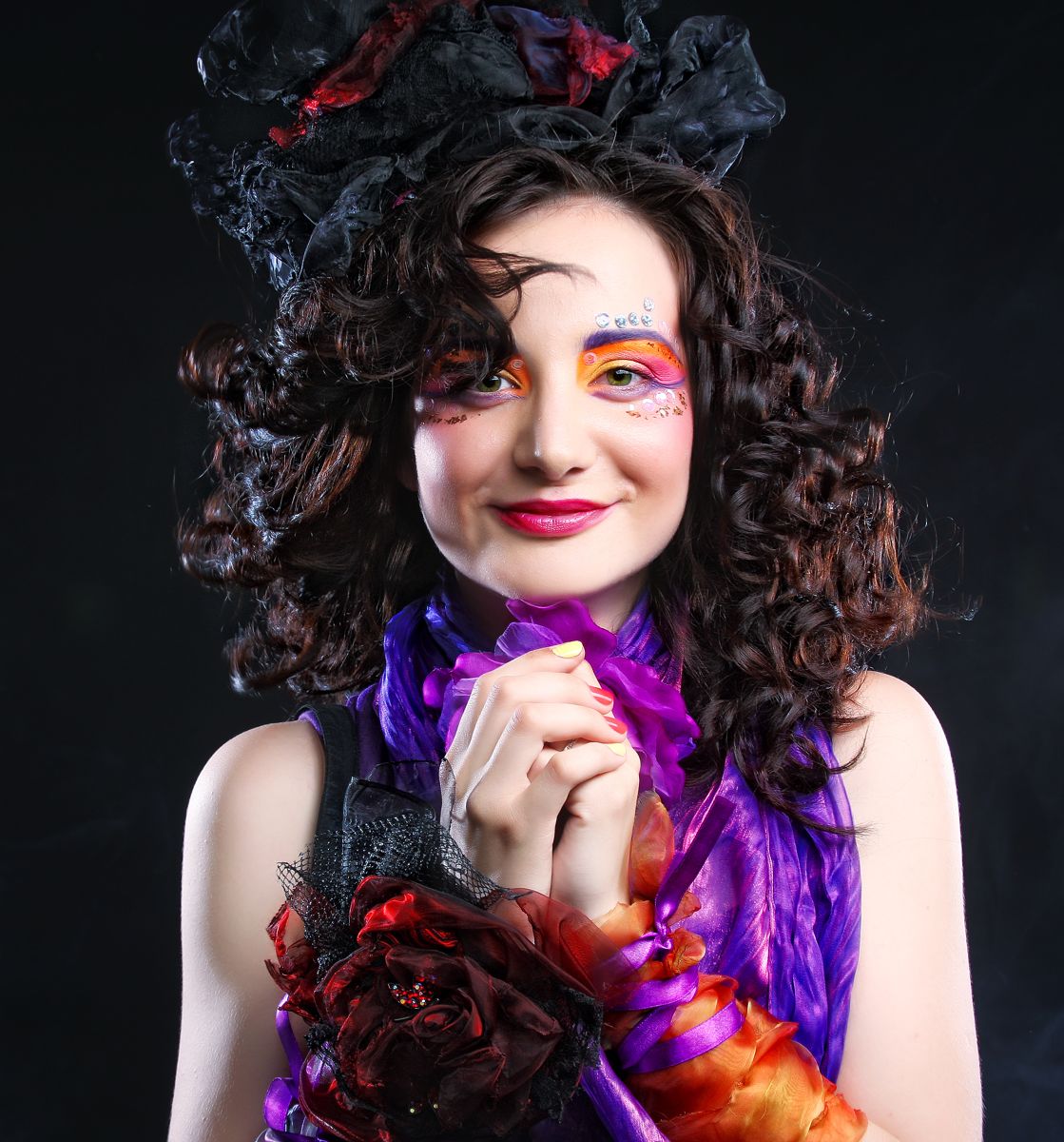 Fantasy makeup with an elaborate floral headdress